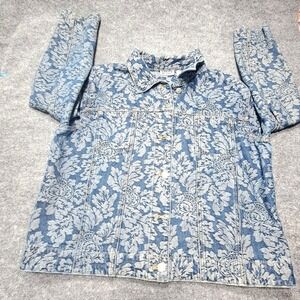 Chicos Design Vintage Damask Floral Denim Jacket Blue White Cotton Size 3 L XL